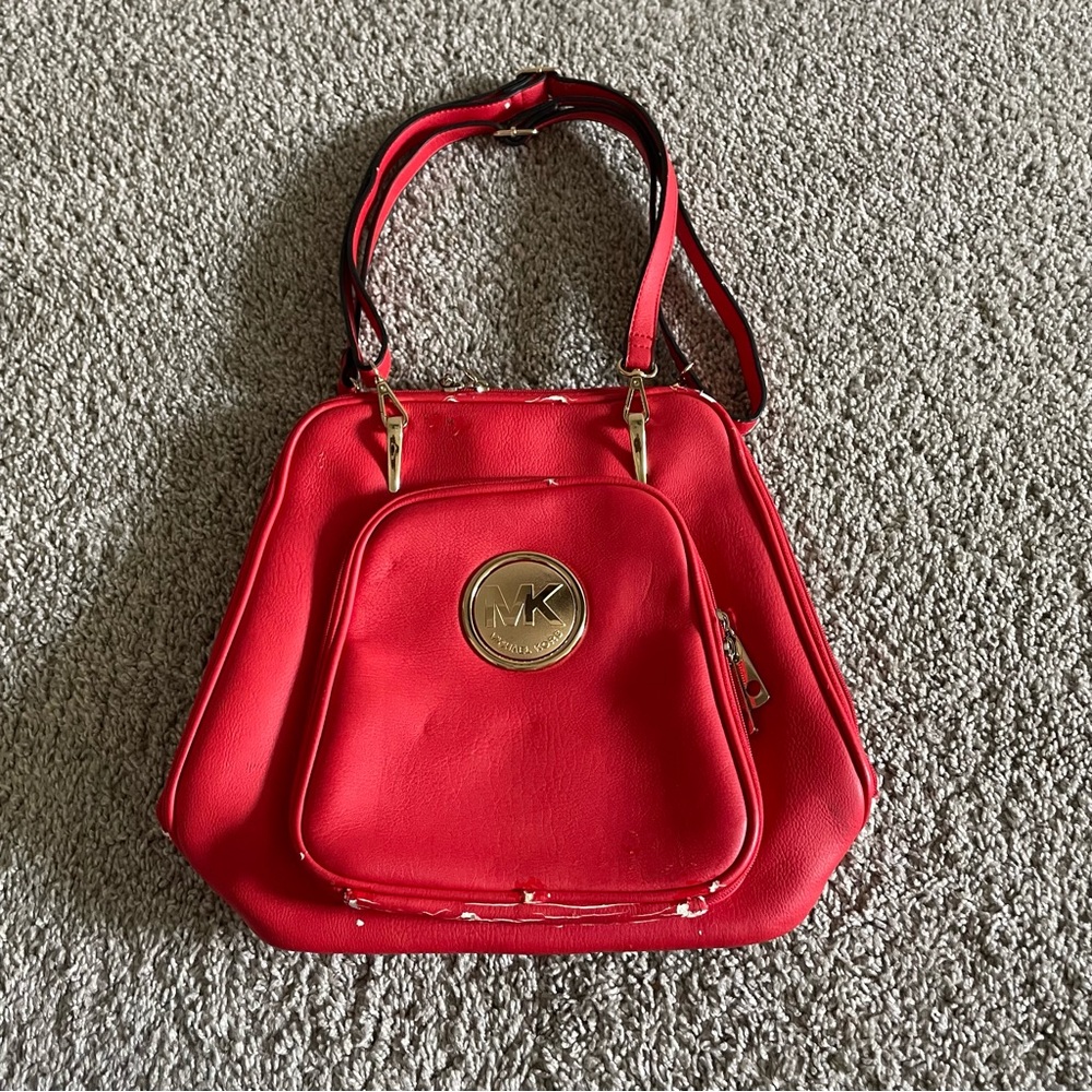Michael Kors Red Trapezoidal Shoulder Bag with Gold Emblem